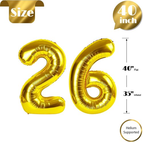 Gold Number 26 Balloon - 40 Inch Golden Birthday Decoration for 26th Celebration | Perfect for Men & Women