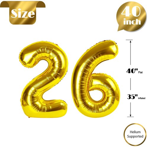 Gold Number 26 Balloon 40 inch, 26 Number Balloons, 26th Gold Birthday Decorations, 26 Year Old Women Men Golden Party Supplies