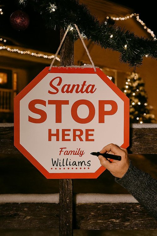 Christmas Santa Please Stop Here Sign - Wooden Front Door Hanger for Holiday Decor | Indoor & Outdoor Use