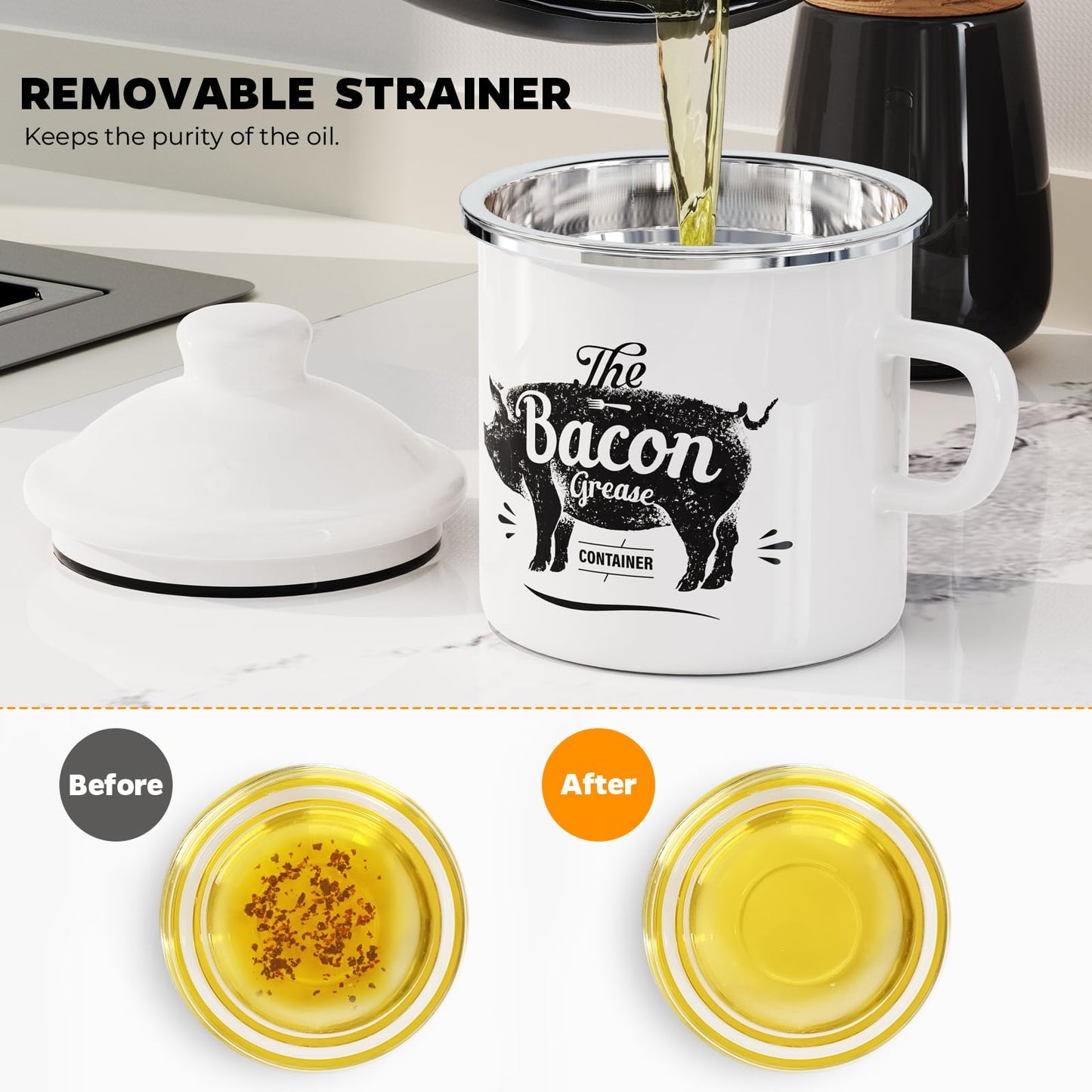 PGYARD Mini Bacon Grease Container With Strainer - 15OZ Enamel Grease Saver, Farmhouse Bacon Grease Keeper For Kitchen Fat Storage, Dishwasher Safe-White