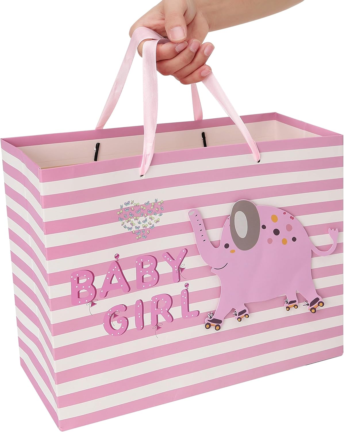 Wishinside 13" Large Pink Gift Bag Set - 3D Elephant Design with Greeting Card & Tissue Paper for Baby Girl, Baby Shower, Kids Birthday Party