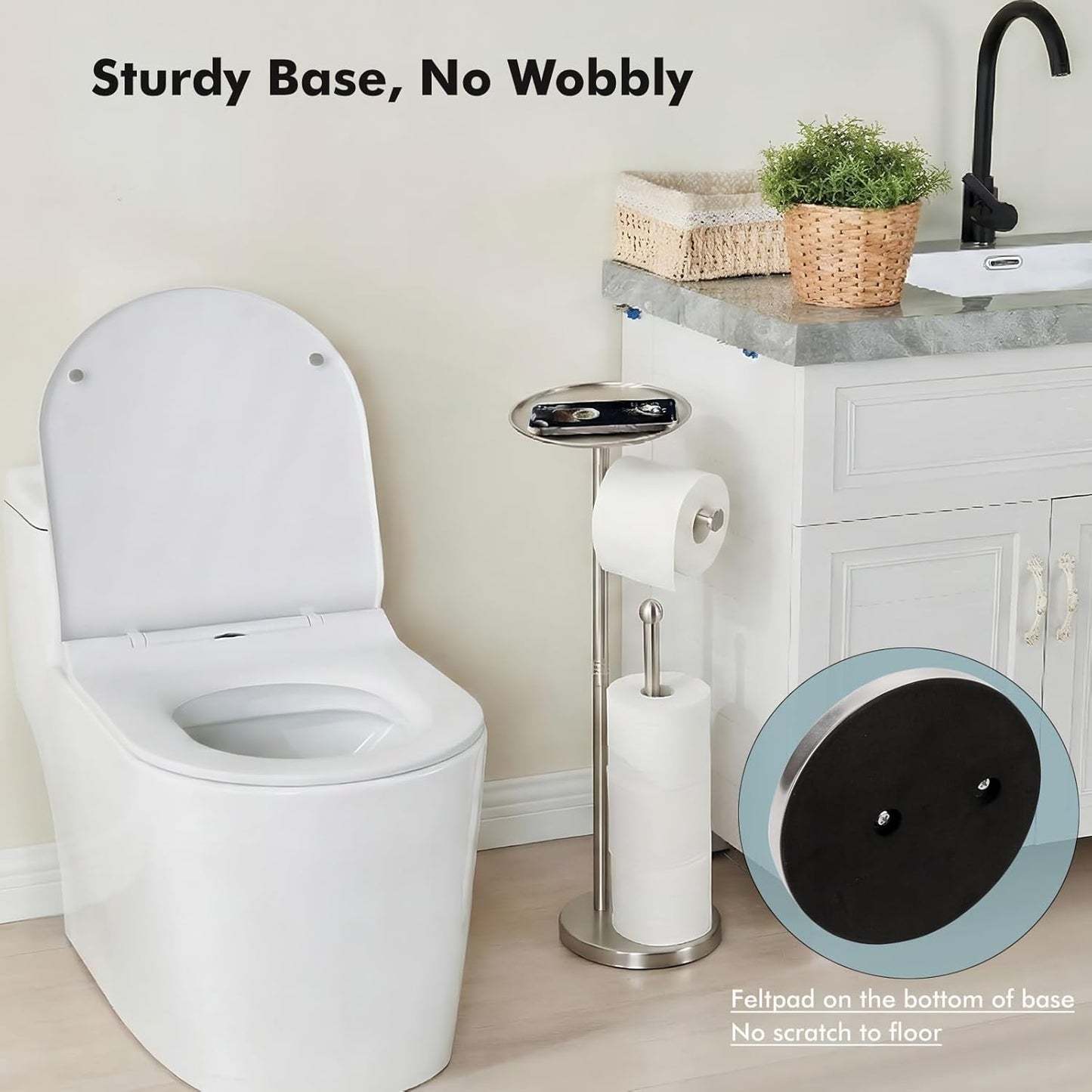 Skiennix Freestanding Toilet Paper Holder - Stylish Storage with Shelf for 4 Extra Rolls | Brushed Nickel