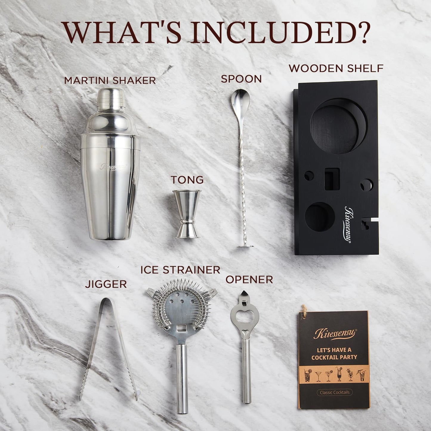 KITESSENSU Cocktail Shaker Set Bartender Kit, 6-Piece Silver Bar Set with Stand, Bar kit with Essential Bar Accessory Tools: Martini Shaker, Jigger, Strainer, Bar Spoon, Tongs, Opener