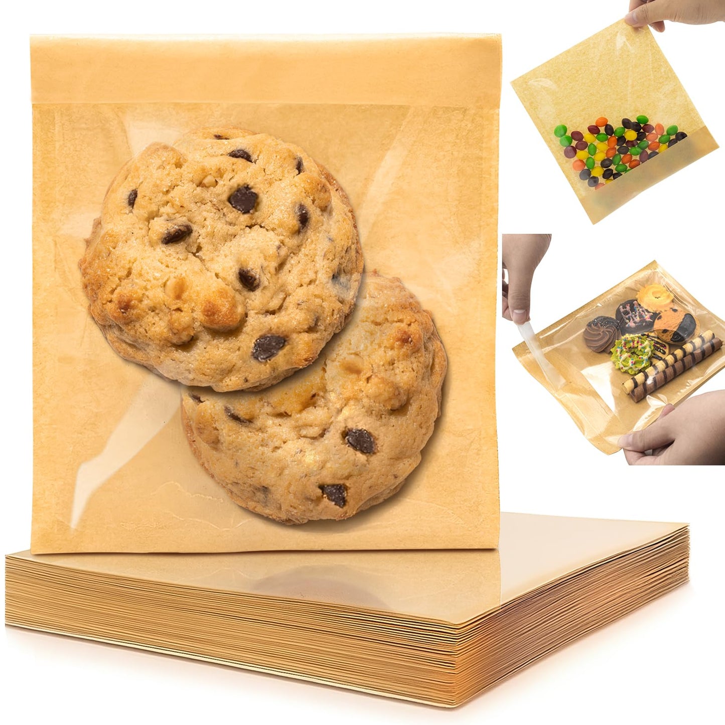 200 Pack Self Sealing Cookie Bags with Seal, 5.9x6.5 Inch Paper Bakery Bags with Window, Grease Resistant To Go Sleeves for Packaging Donut, Snack, Scone, Brownie, Small Pastries and other Treats