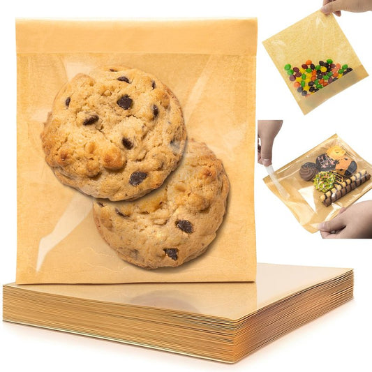 200 Pack Self Sealing Cookie Bags with Seal, 5.9x6.5 Inch Paper Bakery Bags with Window, Grease Resistant To Go Sleeves for Packaging Donut, Snack, Scone, Brownie, Small Pastries and other Treats