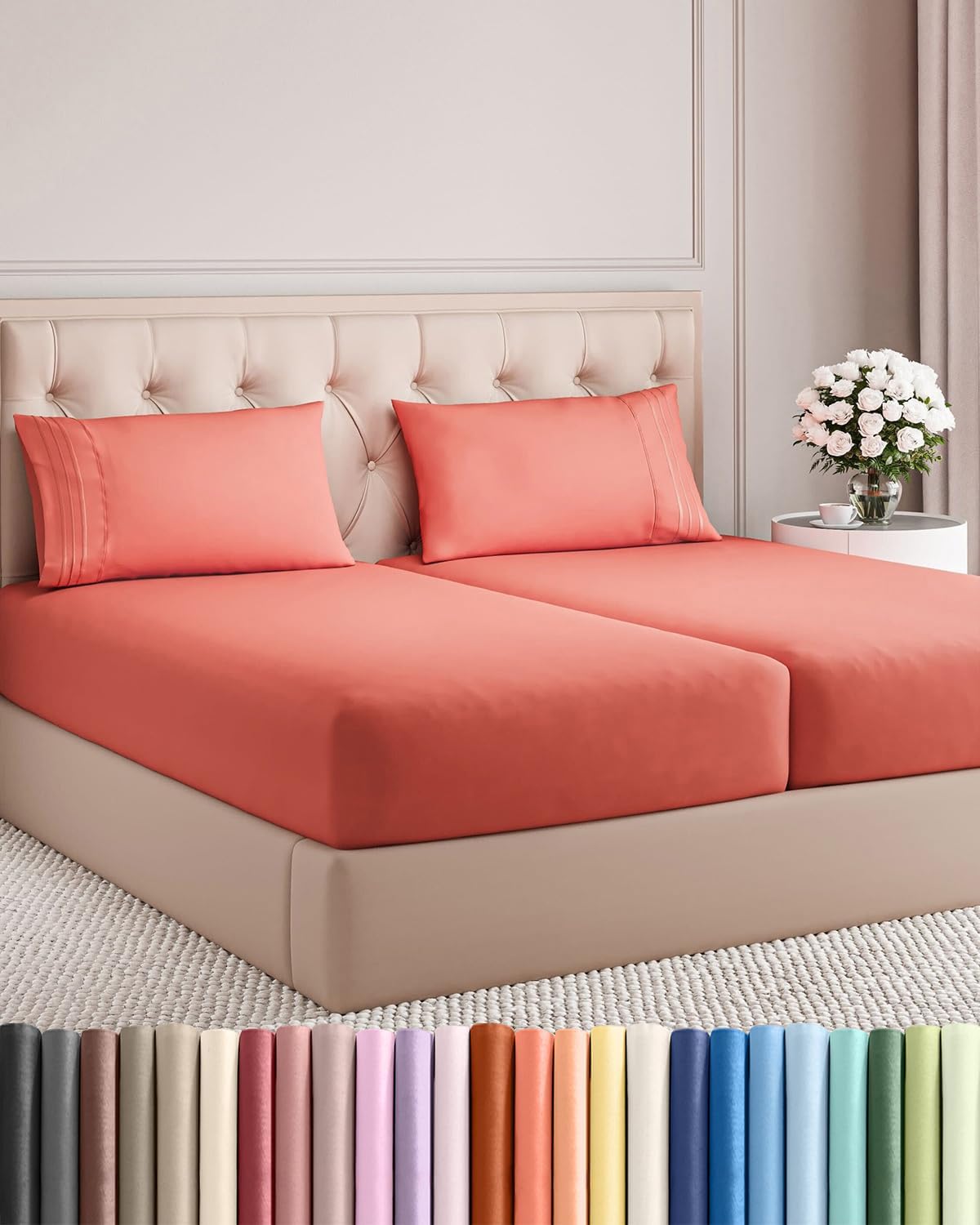 Split King Size 5-Piece Sheet Set - Comfy Cooling Bed Sheets for Luxurious Sleep - Deep Pockets, Soft & Wrinkle-Free - Oeko-Tex Certified - Coral