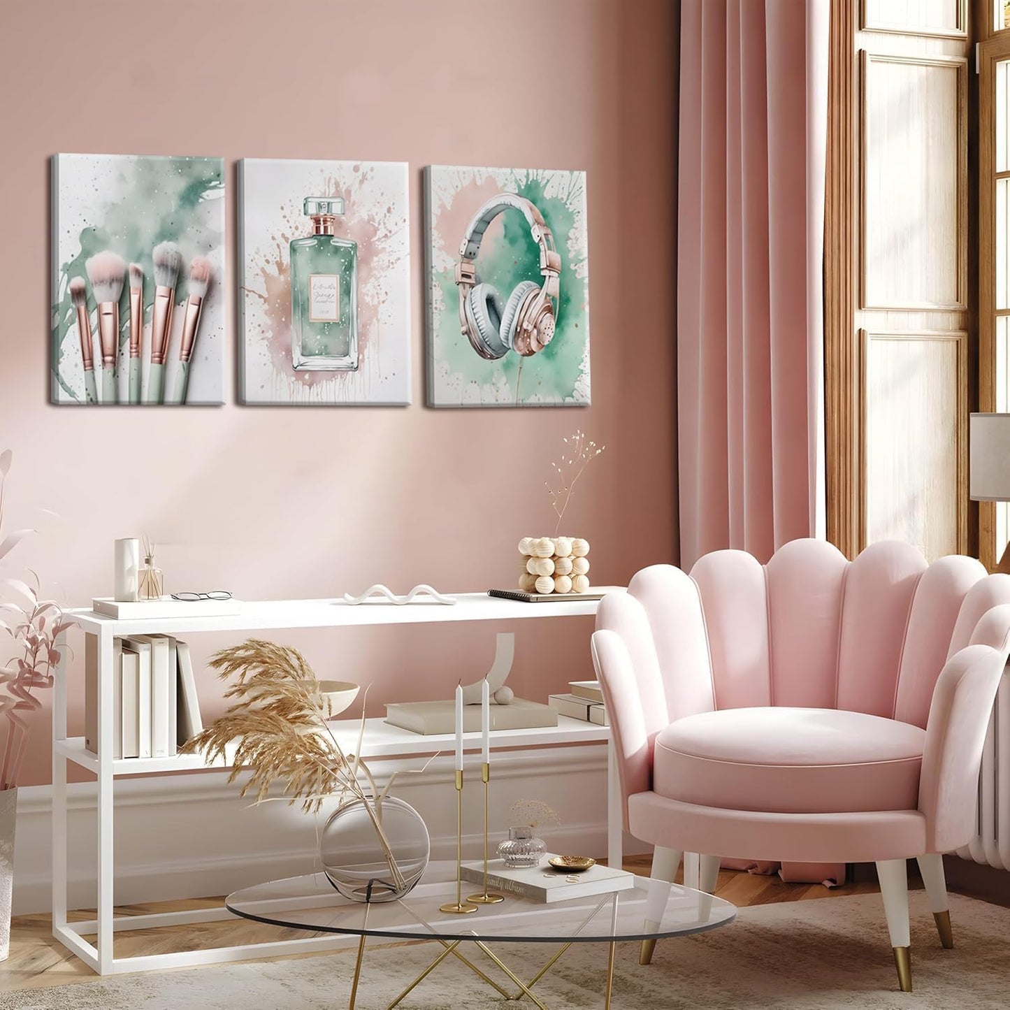 Skiennix Fashion Makeup Canvas Wall Art Set - Trendy Pink & Sage Green Decor for Teen Girls | 12x16 Inch Framed