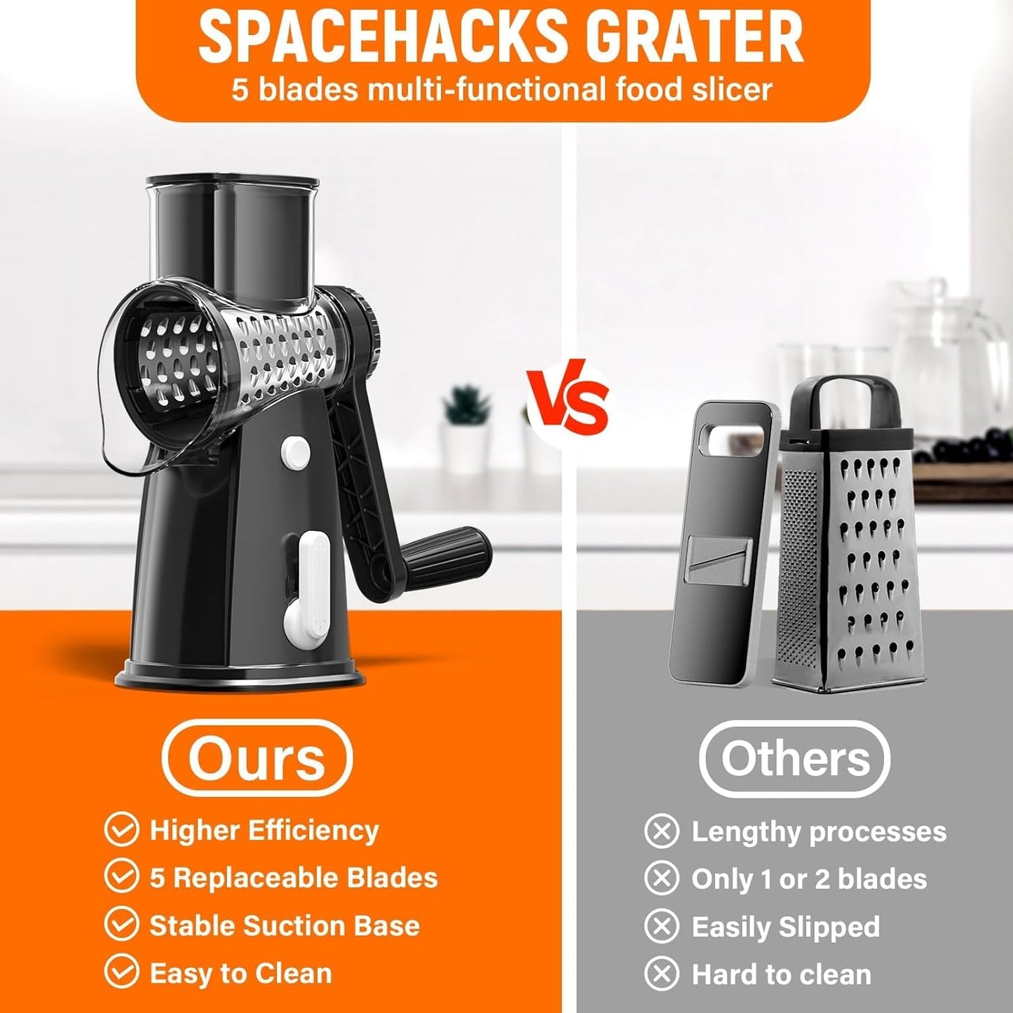 Skiennix 5-Blade Rotary Cheese Grater - Hand Crank Vegetable Chopper & Slicer with Suction Base (Black)