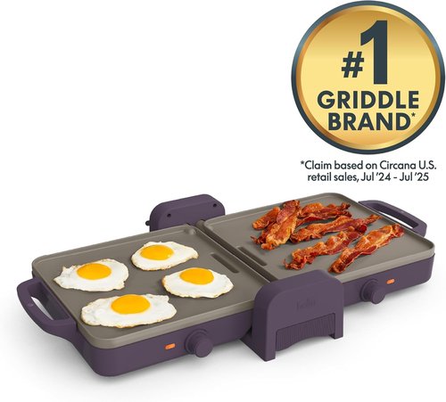 Bella 10"x20" Ceramic Fold-N-Store Griddle - Dual Temp Up to 400°F, Nonstick, Dishwasher Safe, Plum