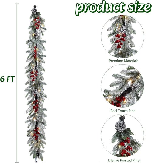 Bdor 6FT Pre-Lit Christmas Garland - Snow Flocked Pine with Red Berries & Pinecones | Battery Operated Holiday Decor
