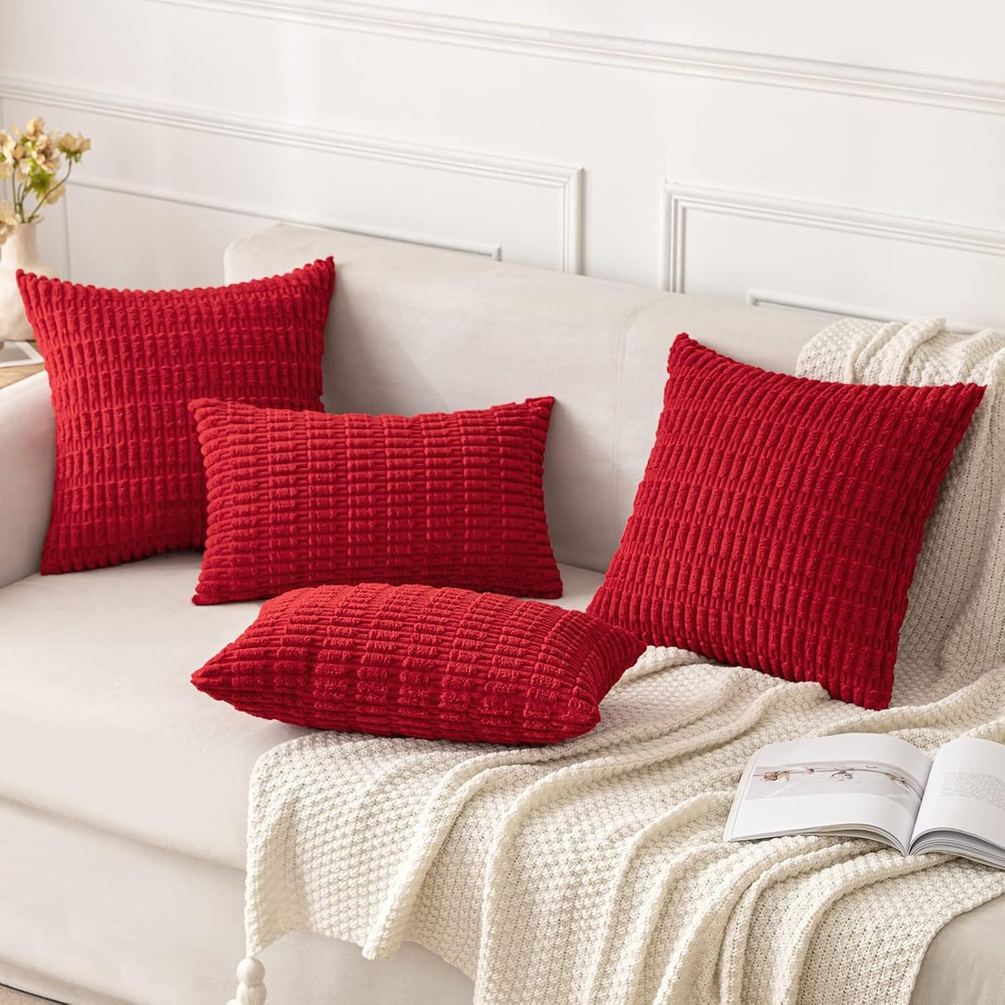 MIULEE Red Corduroy Decorative Pillow Covers - Soft Boho Striped Design | 18x18 Inch for Modern Home Decor