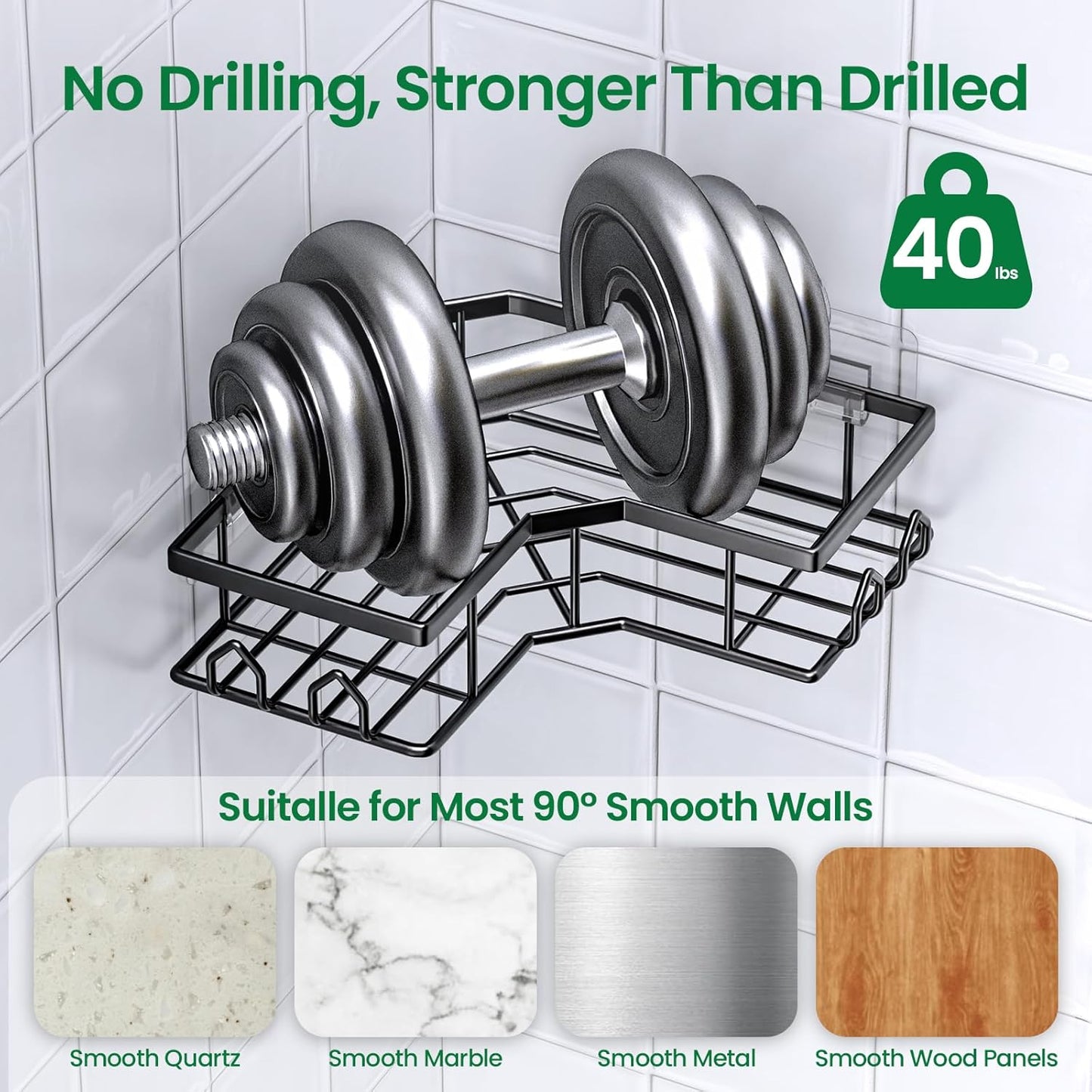 Skiennix Adhesive Shower Caddy - 2 Pack Rustproof Stainless Steel Corner Shelves | No Drilling, Large Capacity