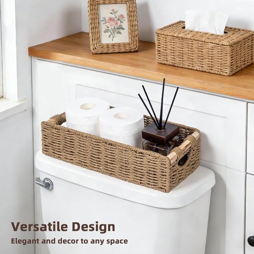 CubesLand Back of Toilet Storage Basket - Handwoven Wicker Organizer with Cut-Out Handle | Neutral Home Decor