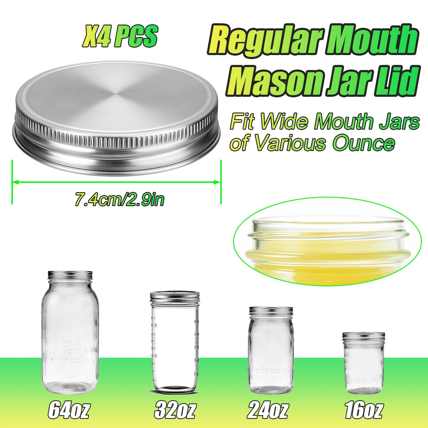 Palksky Mason Jar Lids Stainless Steel for Regular Mouth Mason Jar Lids, 4Pcs Rustproof Mason Jar Caps/Tops - Leakproof & Dishwasher Safe