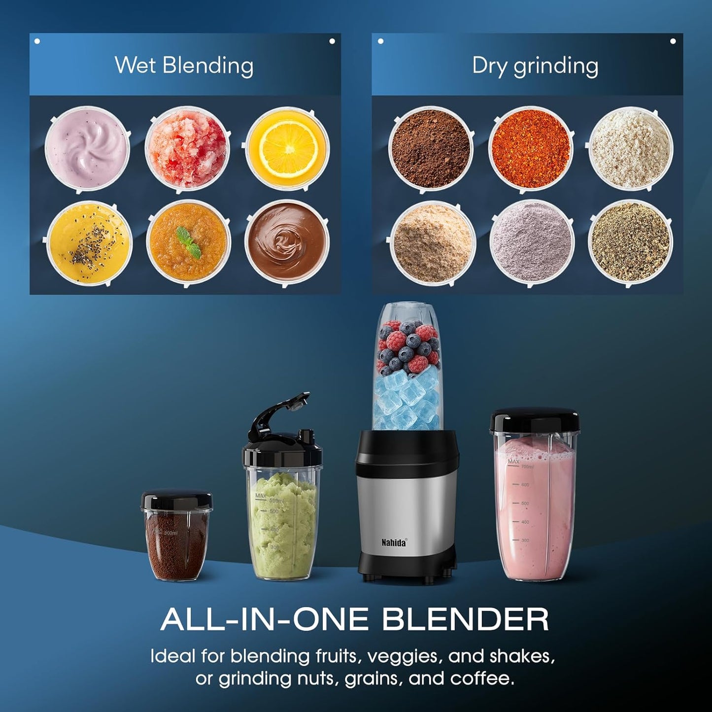 Nahida Blender - 1200W Smoothie Maker for Ice Crushing | Includes 2 Blades & 23oz, 32oz, 37oz Go Cups - Silver