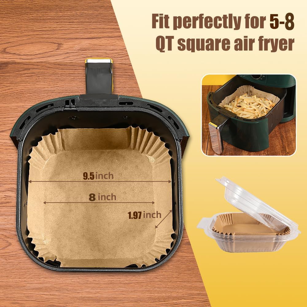 9.5 Inch Paper Air Fryer Liners Disposable,130 Pcs Square Air Fryer Parchment Liners, Suitable for 5-8 Qt,Non-stick &Oil-proof Parchment Paper for Frying