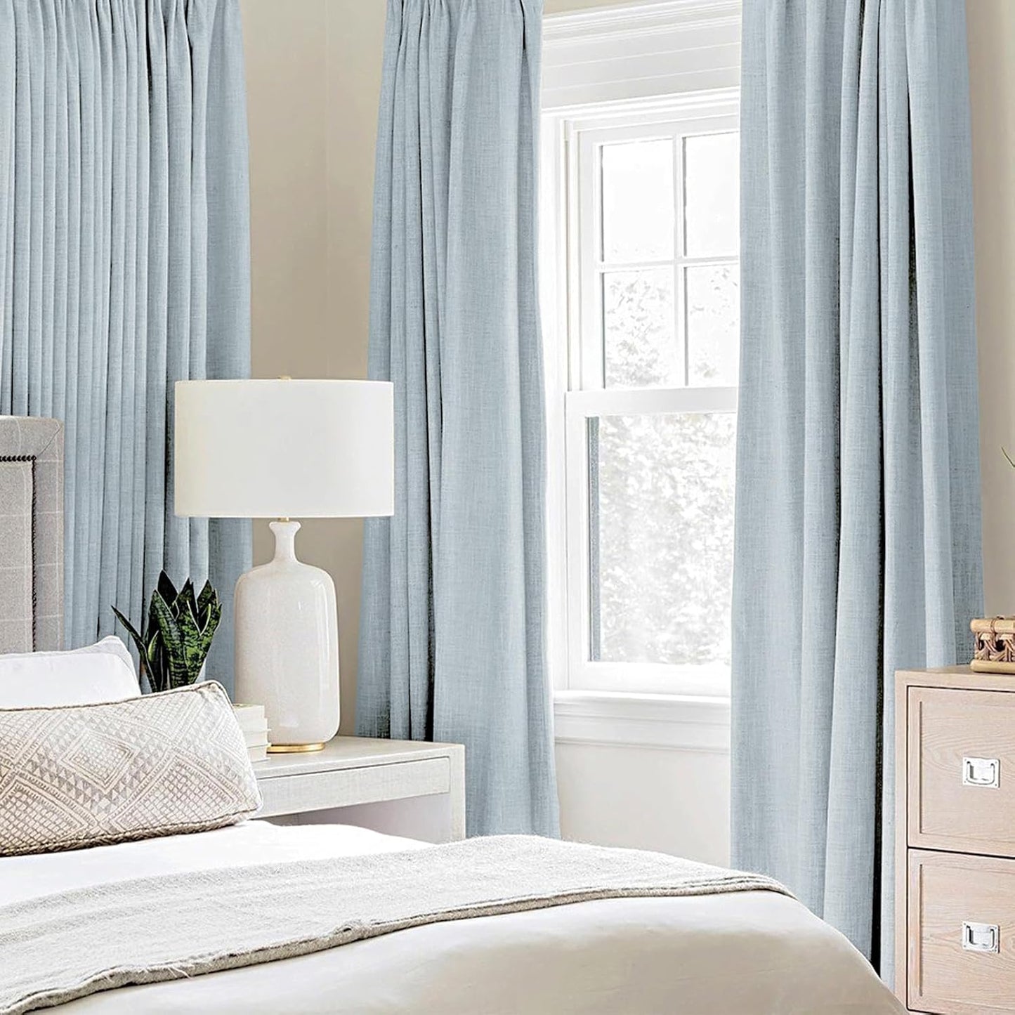 MIULEE Blackout Linen Textured Curtains - Thermal Insulated Chambray Blue | 52 x 96 Inch (2 Panels) for Luxury Bedroom Decor