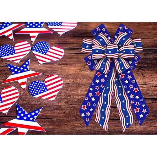 Threetols Patriotic Wired Edge Ribbons 2.5" 10 Yards, Veterans Day White Red Blue Wired Ribbons Patriotic Star Fabric Craft Ribbon American Patriotic Ribbon for Holiday Party DIY Christmas Decor