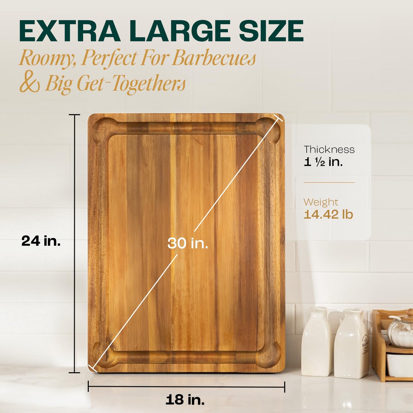 Yes4All Extra Large Acacia Wood Cutting Board for Kitchen, 24''L x 15''W x 1.5'' Thick, Durable Edge Grain Design with Juice Grooves, Pre-Oiled, Easy Grip Handle, Ideal for Chopping and Serving