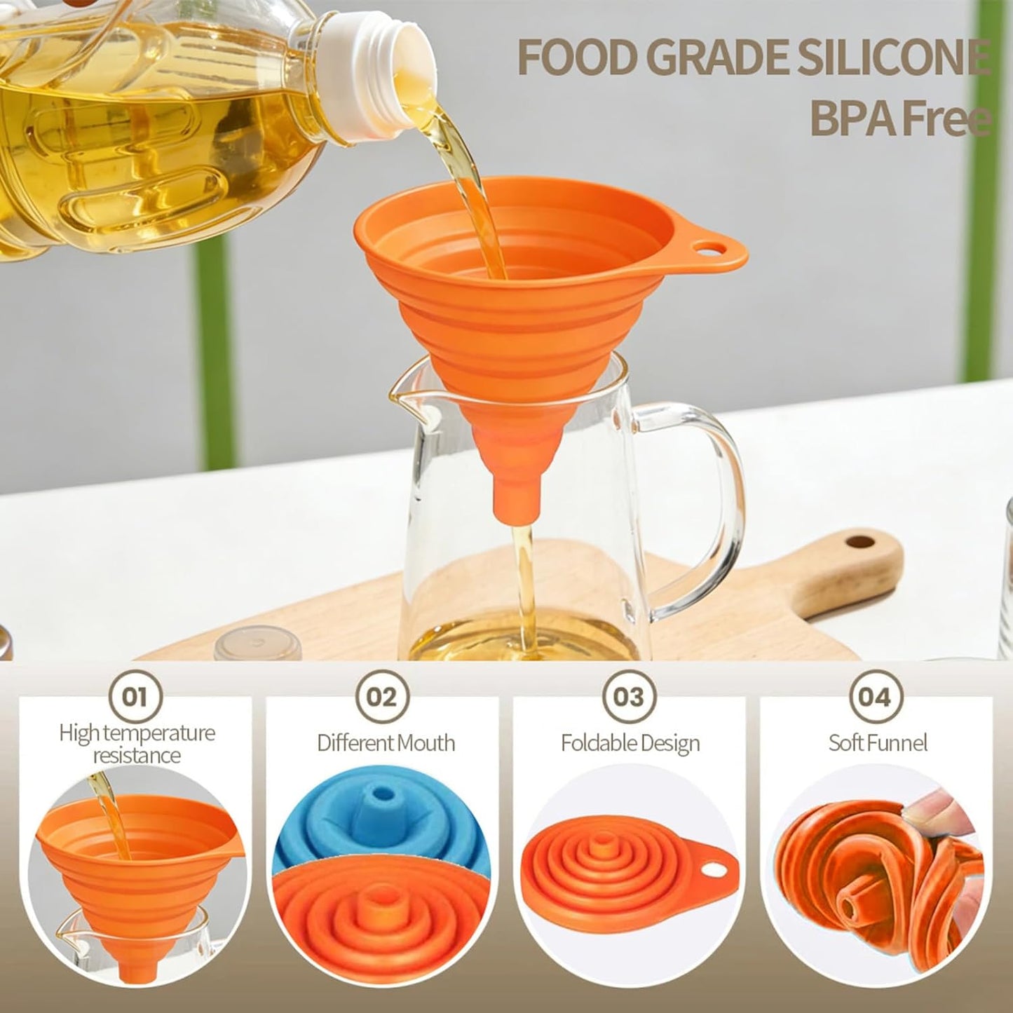 Skiennix 4-Pack Kitchen Funnel Set - Foldable Silicone Collapsible Funnels for Easy Liquid Transfer