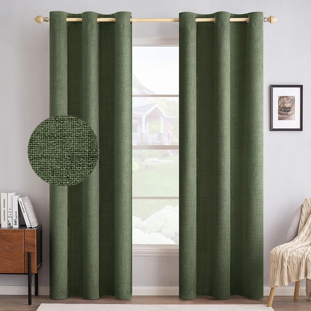 MIULEE 100% Blackout Linen Textured Curtains - Thermal Insulated Olive Green Drapes | 42 x 84 Inch (2 Panels)