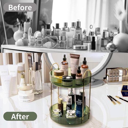 Asayuee 360° Rotating Makeup Organizer - Large Capacity Skincare & Perfume Storage | Green 2-Tier Design