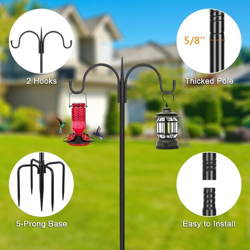 Feed Garden Adjustable Double Shepherds Hook - 76 Inch Heavy Duty Bird Feeder Pole for Hanging Plants & Lanterns