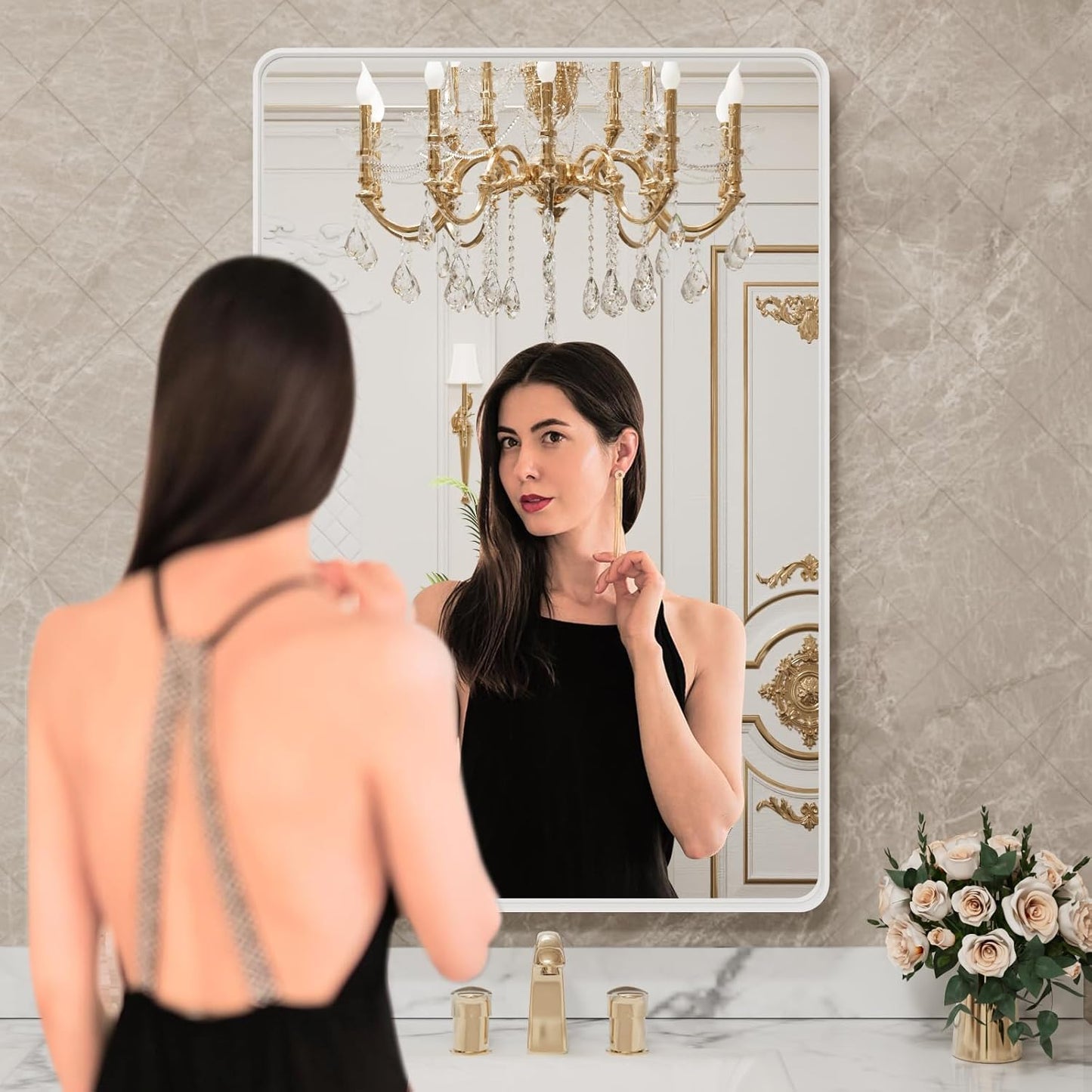 LOAAO Bathroom Mirror - 30x36 Inch White Metal Framed Vanity Mirror | Large Rounded Rectangle, Anti-Rust Tempered Glass, Versatile Hanging Options