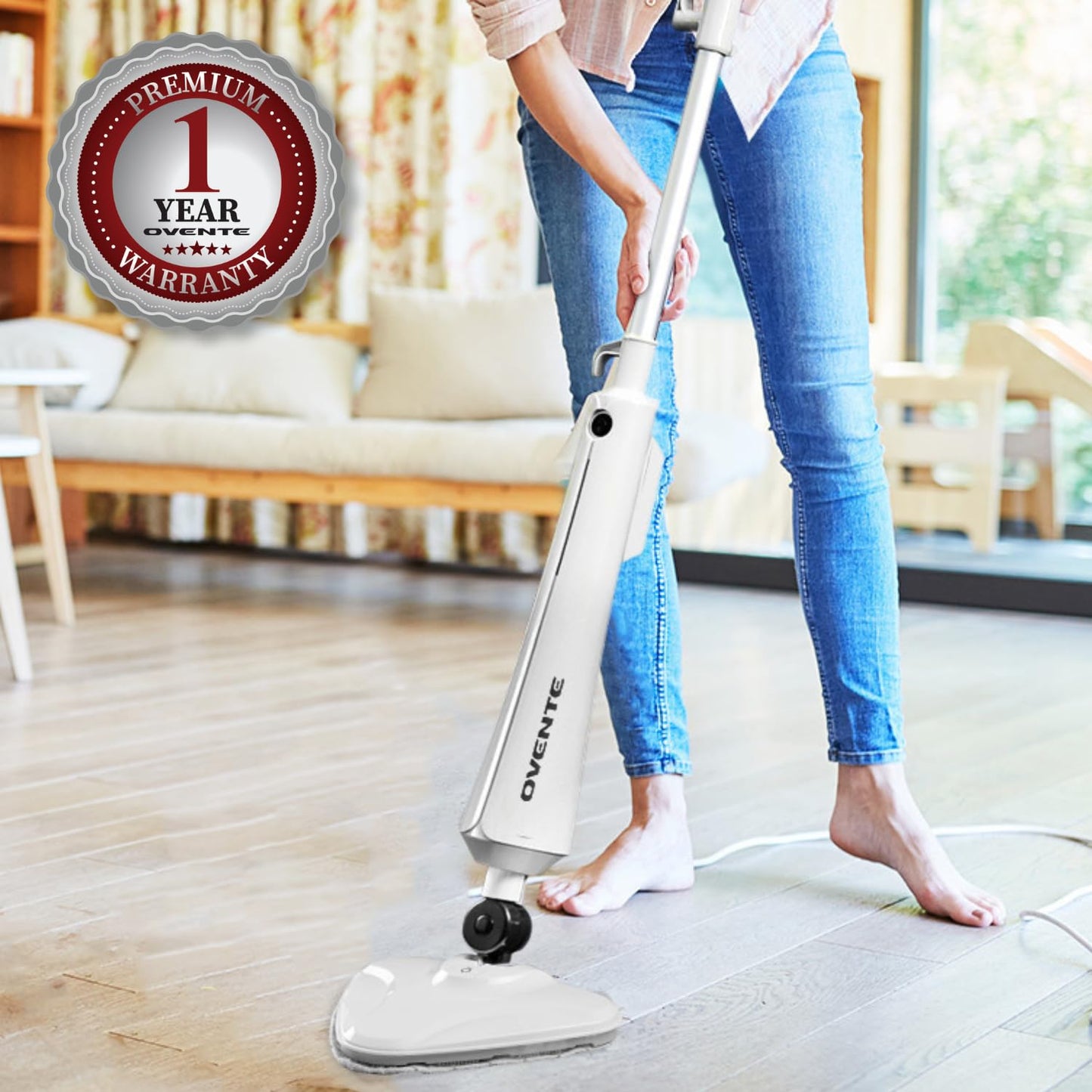 OVENTE Electric Steam Mop Cleaner, 1300W Floor Steamer with Swivel Head, Refillable Water Tank and Washable Microfiber Pad for Cleaning Carpet, Hardwood, Laminate Floor, Tiles and Grout, White ST405W