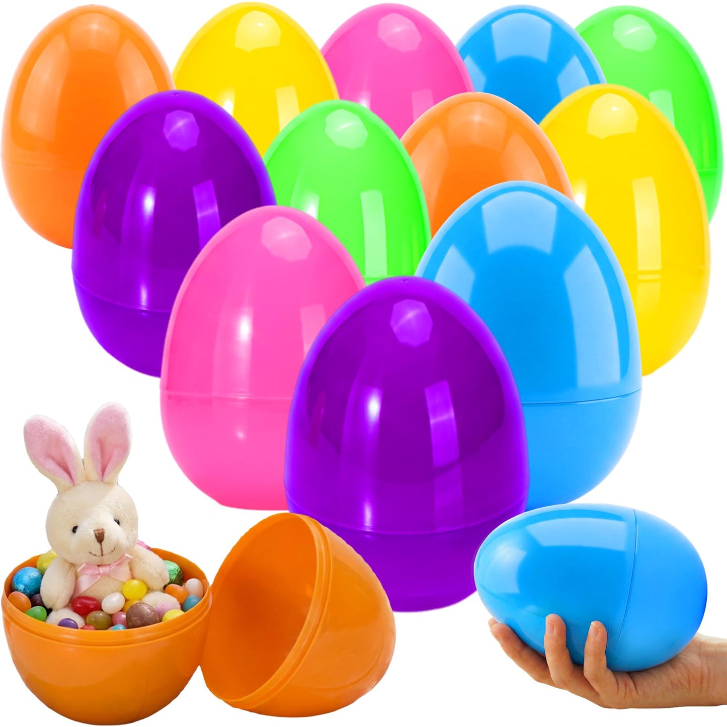 Qudoustar 18 Pack 6 Inch Jumbo Easter Eggs, Colorful Giant Plastic Fillable Eggs Bulk, for Easter Hunt Basket Stuffers Party Favors Classroom Prize Supplies Kids Boys Girls
