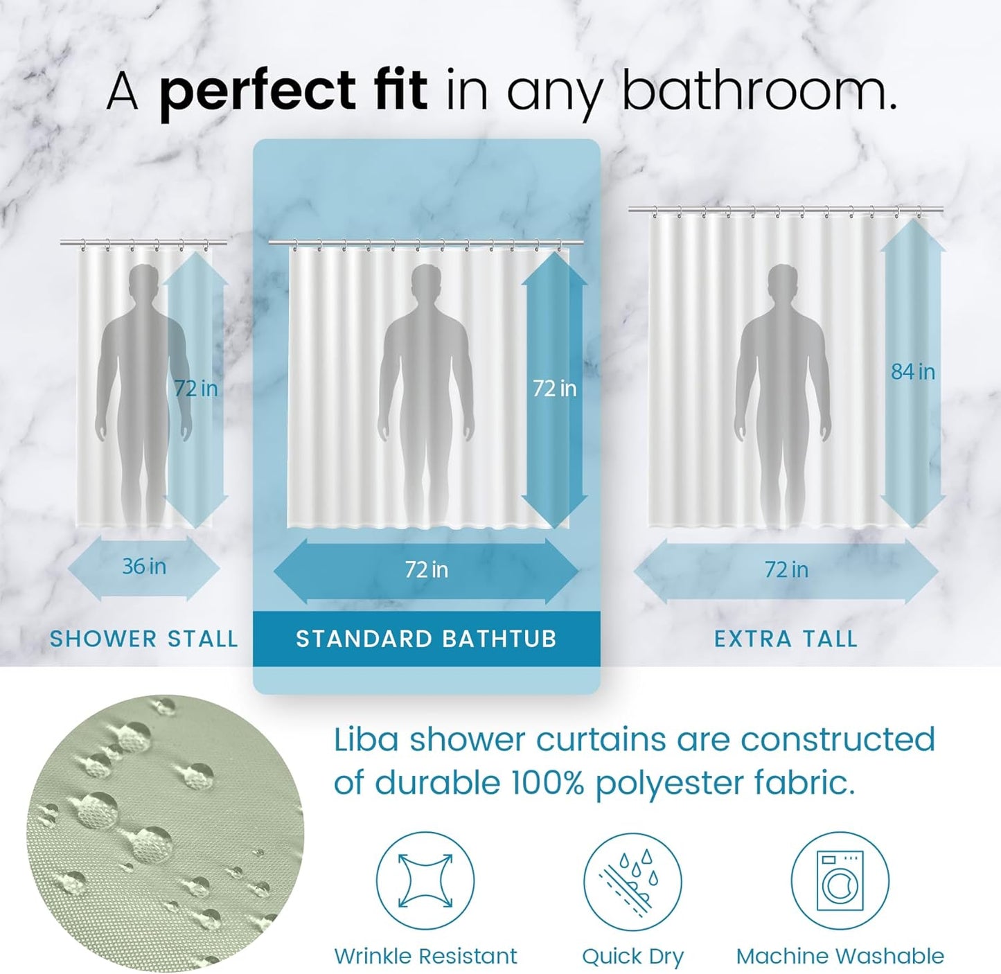LiBa Green Shower Curtain - Water Repellent Fabric | Heavy Duty, Easy to Clean, 72" W x 72" H