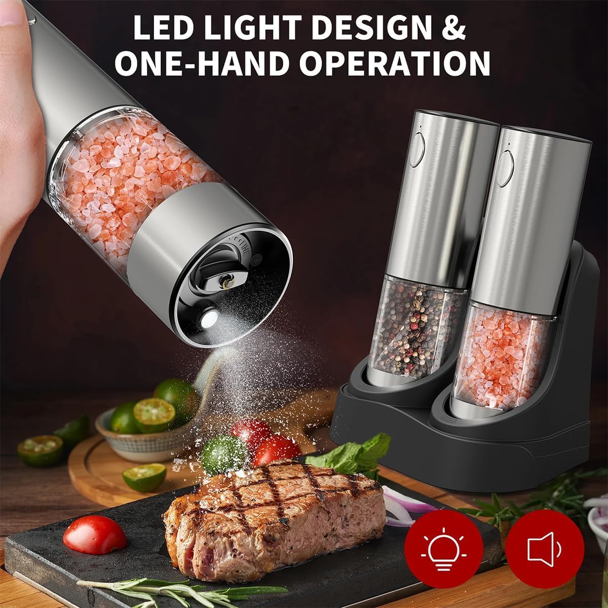 Skiennix Electric Salt and Pepper Grinder Set - Rechargeable Stainless Steel Mills with LED Light & Adjustable Coarseness