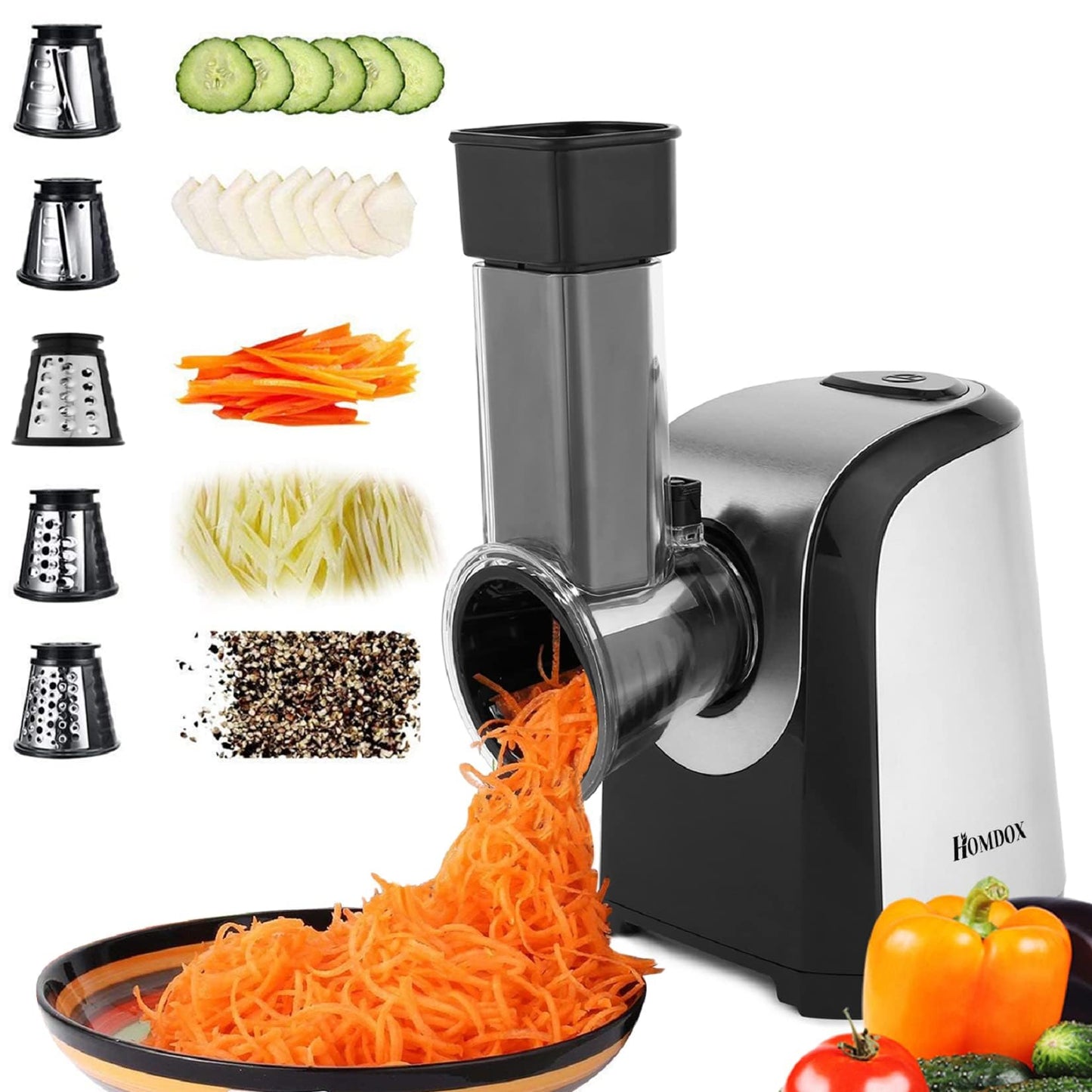 Electric Cheese Grater, Professional Electric Slicer Shredder, 150W Cheese Grater/Chopper Salad Maker, Shredder for Home Kitchen Use with One-Touch Control | 5 Free Attachments
