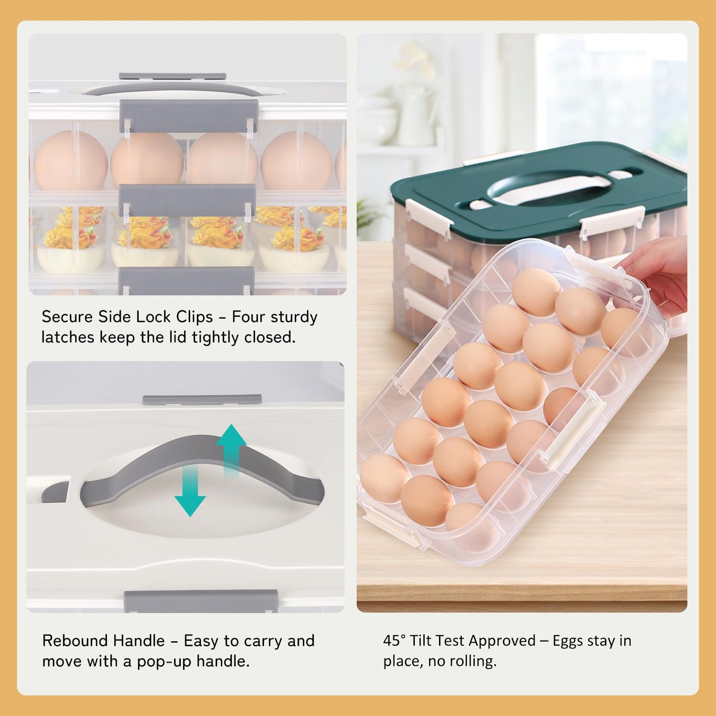 Splotiva Deviled Egg Container with Lid, 54 Slots Egg Tray Carrier with Handle, Stackable Egg Tray, 12.2 x 8.4 x 6.3 inches (Green, 3 Layer)
