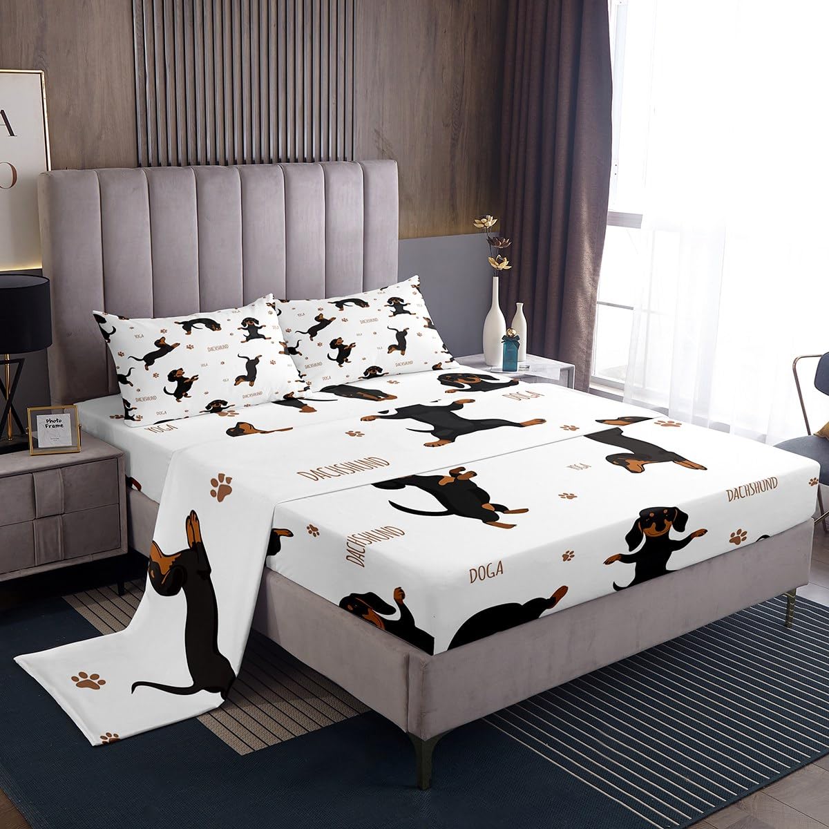 Feelyou Sausage Dog Bed Sheets Set Boys Dachshund Sheet Set for Kids Ultra Soft Puppy Dog Sheets with Deep Pocket Fitted Sheet Kawaii Pet Brown Bedding Set Room Decor Queen