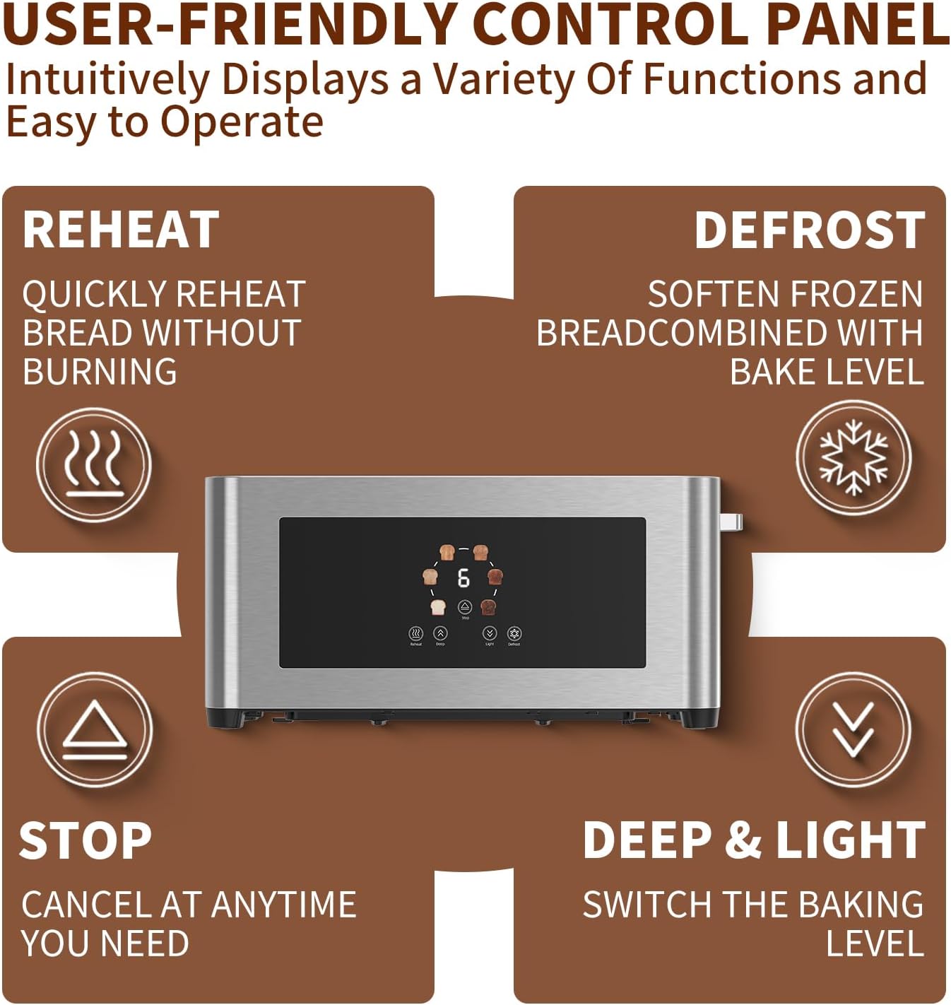 Smart Toaster by Touch Screen - 4 Slice LCD Display, 1.6" Long Slot, 6 Shade Settings, Defrost & Reheat