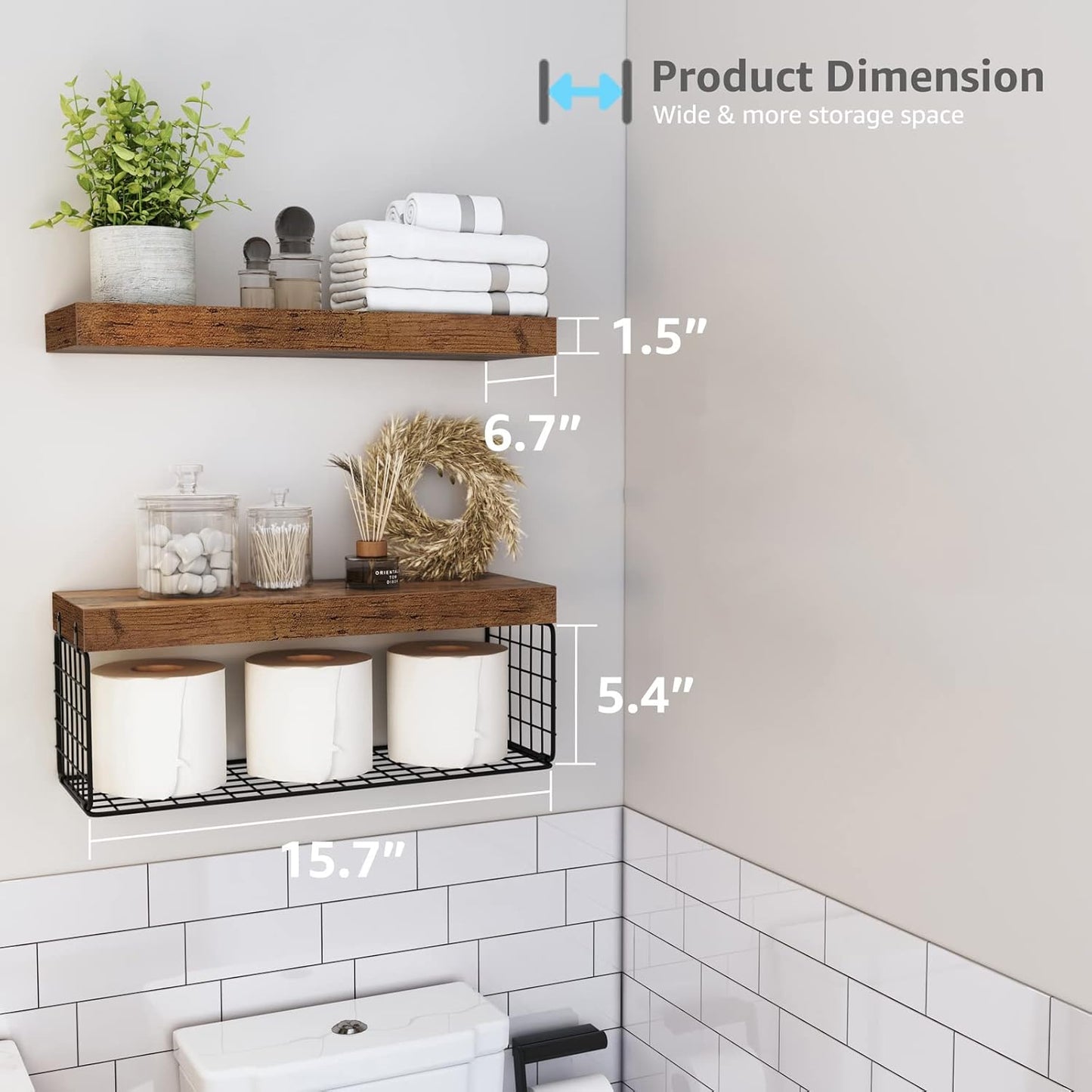 QEEIG Bathroom Shelves - Rustic Brown Over Toilet Floating Storage | Set of 2, 16 Inch Farmhouse Decor