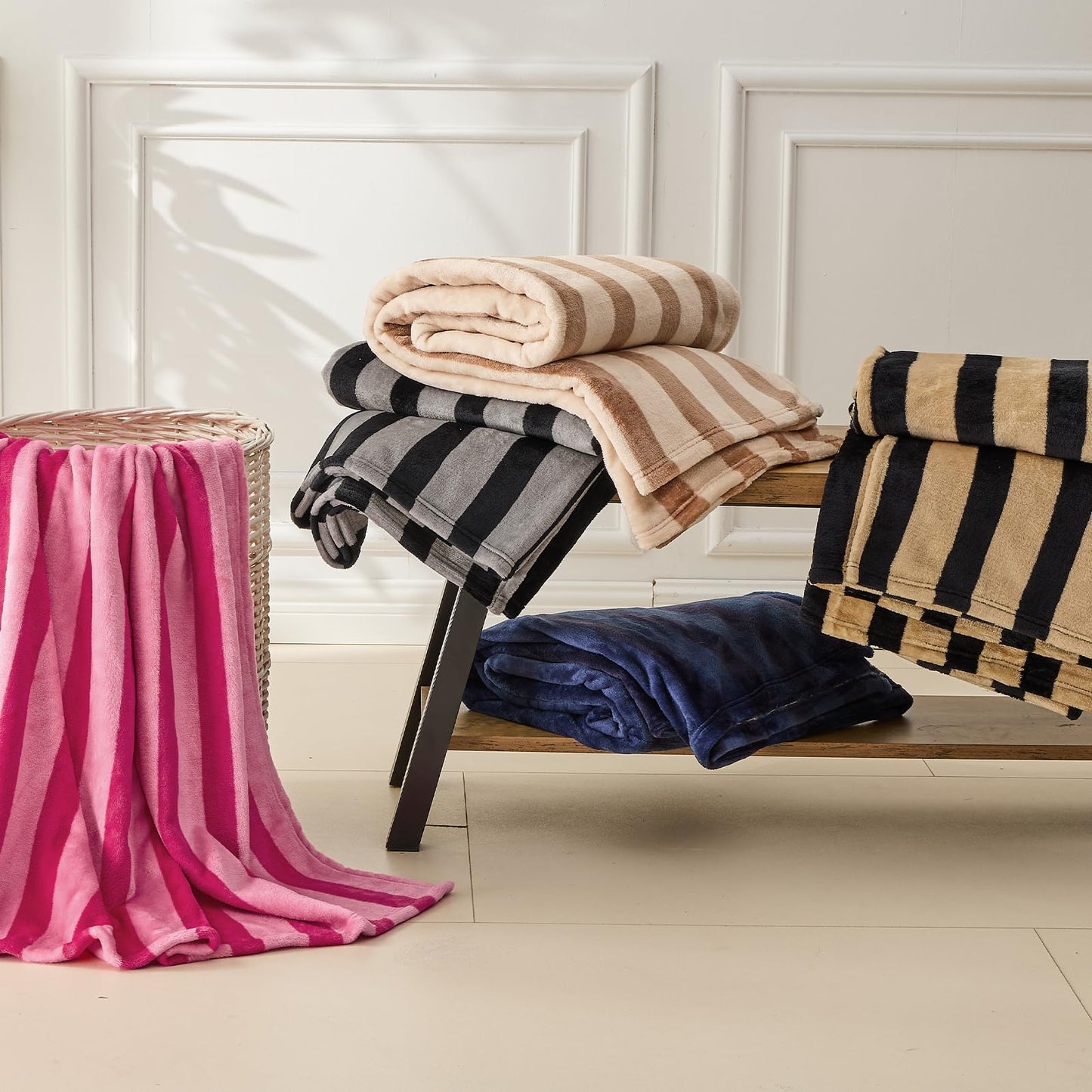 FY FIBER HOUSE Striped Flannel Twin Blanket for Couch Soft Cozy Blankets for Sofa All Season Use, 60x80 Inches, Hot Pink