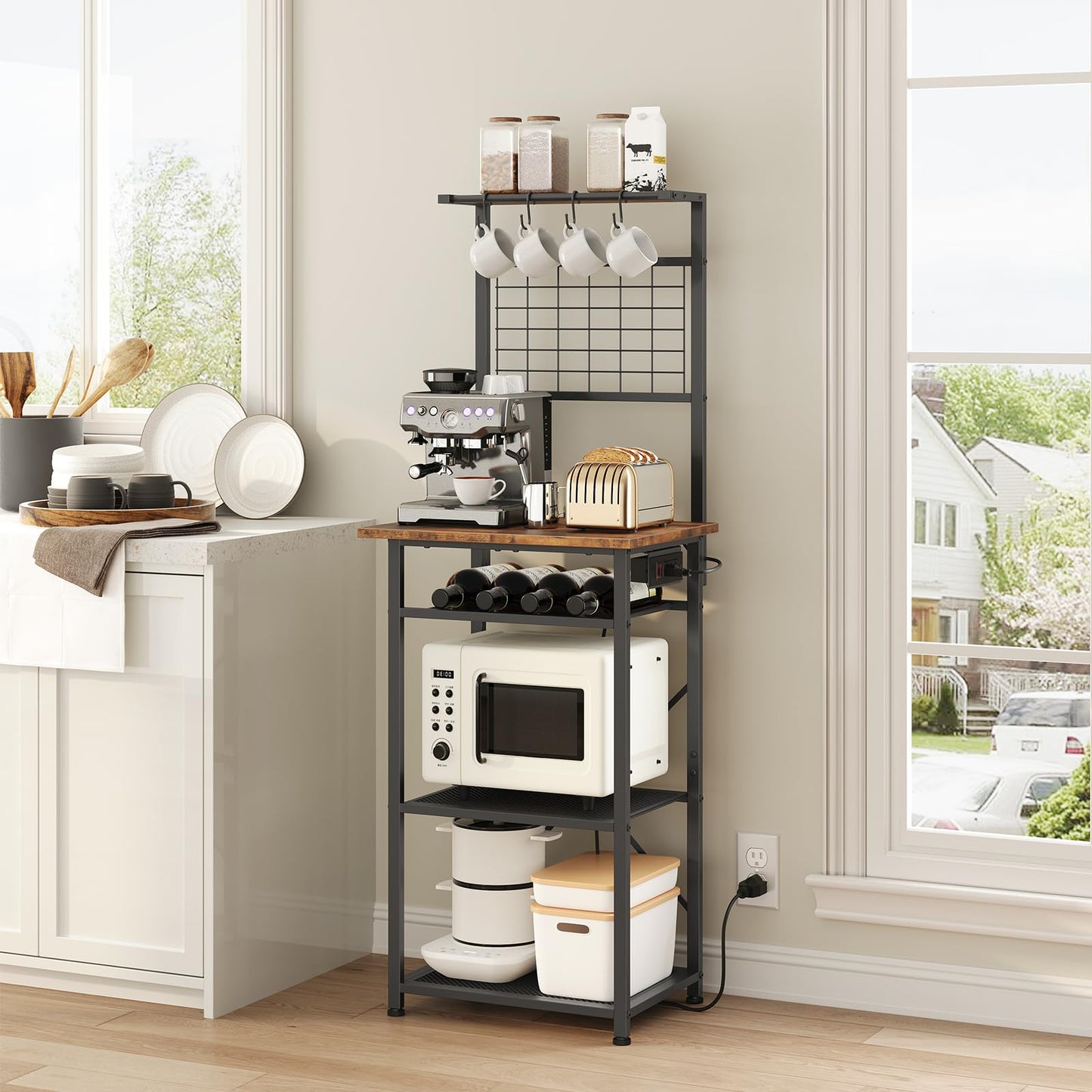 MAHANCRIS Bakers Rack with Power Outlet, Coffee Bar Station with Wine Rack, Bakers Racks for Small Spaces, Microwave Stand for Kitchen, Rustic Brown and Black BRHR23E01
