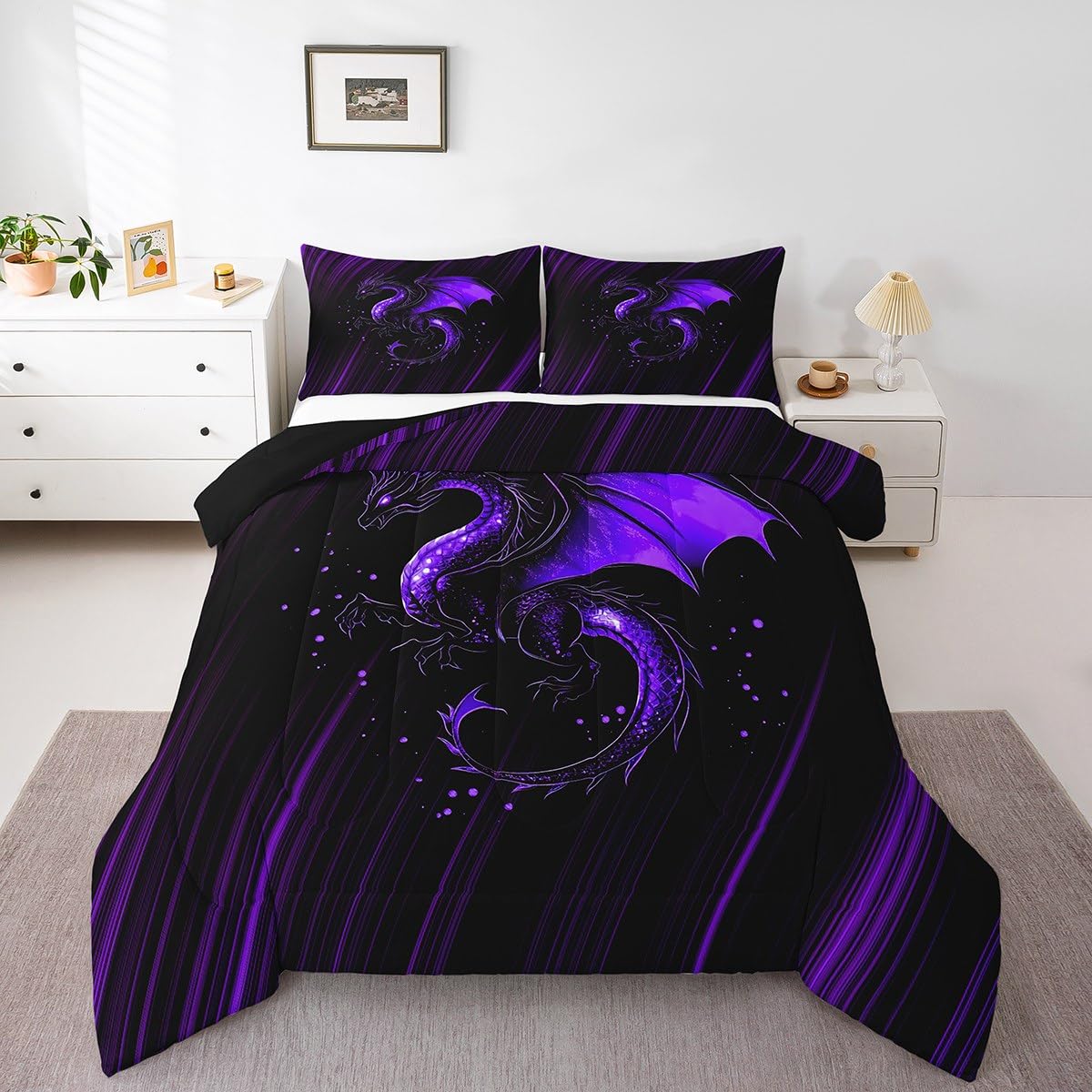 Feelyou Kids Purple Black Ombre Comforter Set Queen Size, Dragon Bedding Set Chinese Dragon Comforter for Kids Boys Girls Animal Duvet Insert Room Decor Bed Set 3Pcs