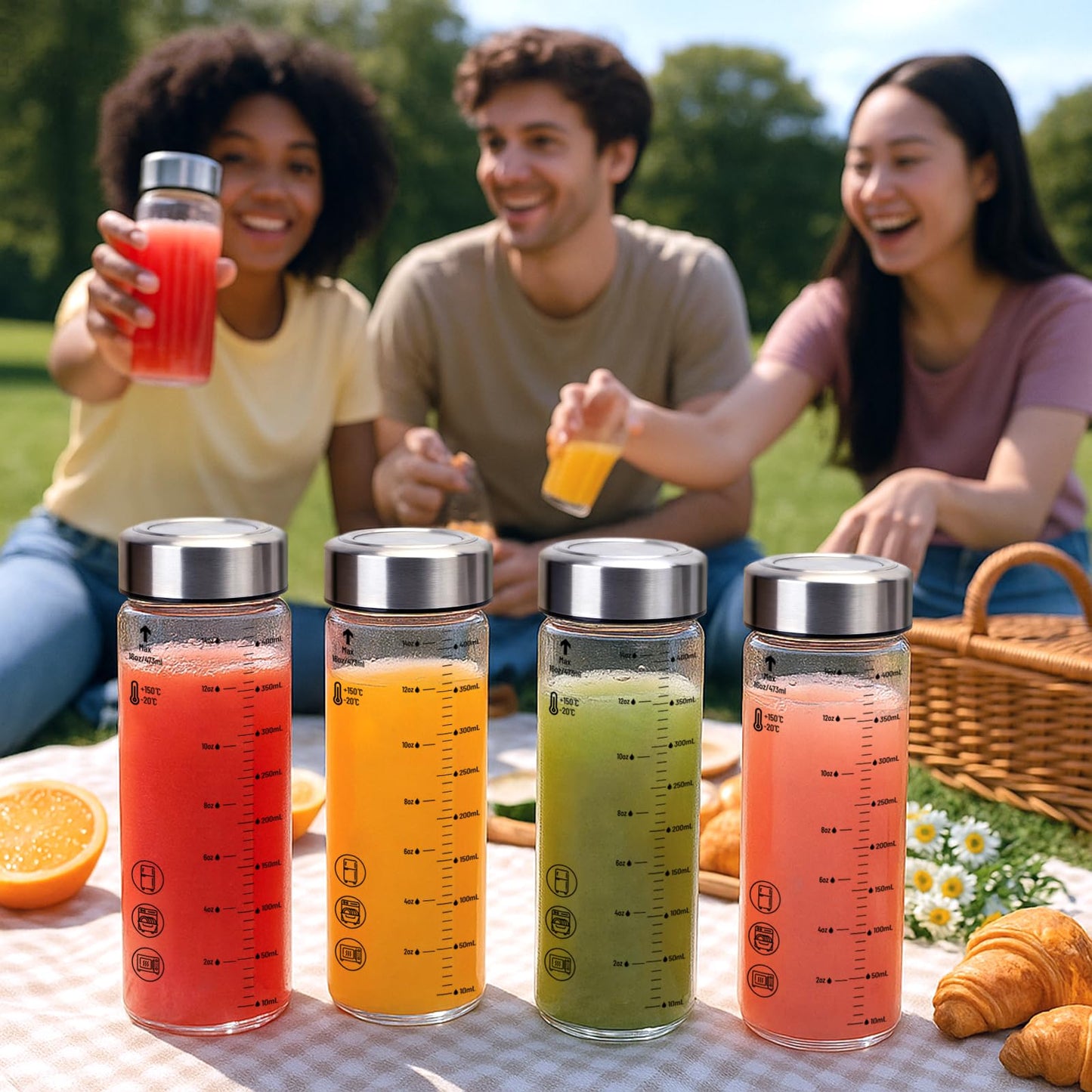 Luxfuel 12 oz Glass Juice Bottles with Lids, 6 Pack Wide Mouth Borosilicate Glass Bottles with Stainless Steel Lids, Heat-Resistant, Leakproof & Reusable for Juicing, Smoothies, Milk, Water, BPA-Free