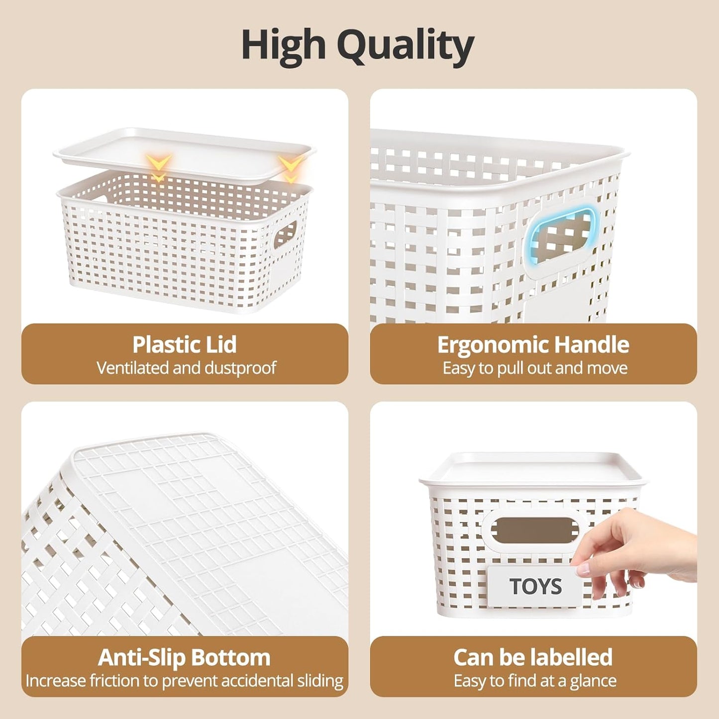 Skiennix Plastic Storage Basket - Stackable Organizing Bins with Lid | 8 Pack, 10.2x7.2x4.1 Inch, White
