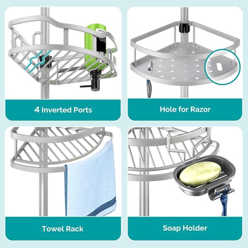 HAMITOR Corner Shower Caddy - Rustproof 4-Tier Bathroom Organizer for Shampoo & Soap - Adjustable 47-121 Inch Silver Gray