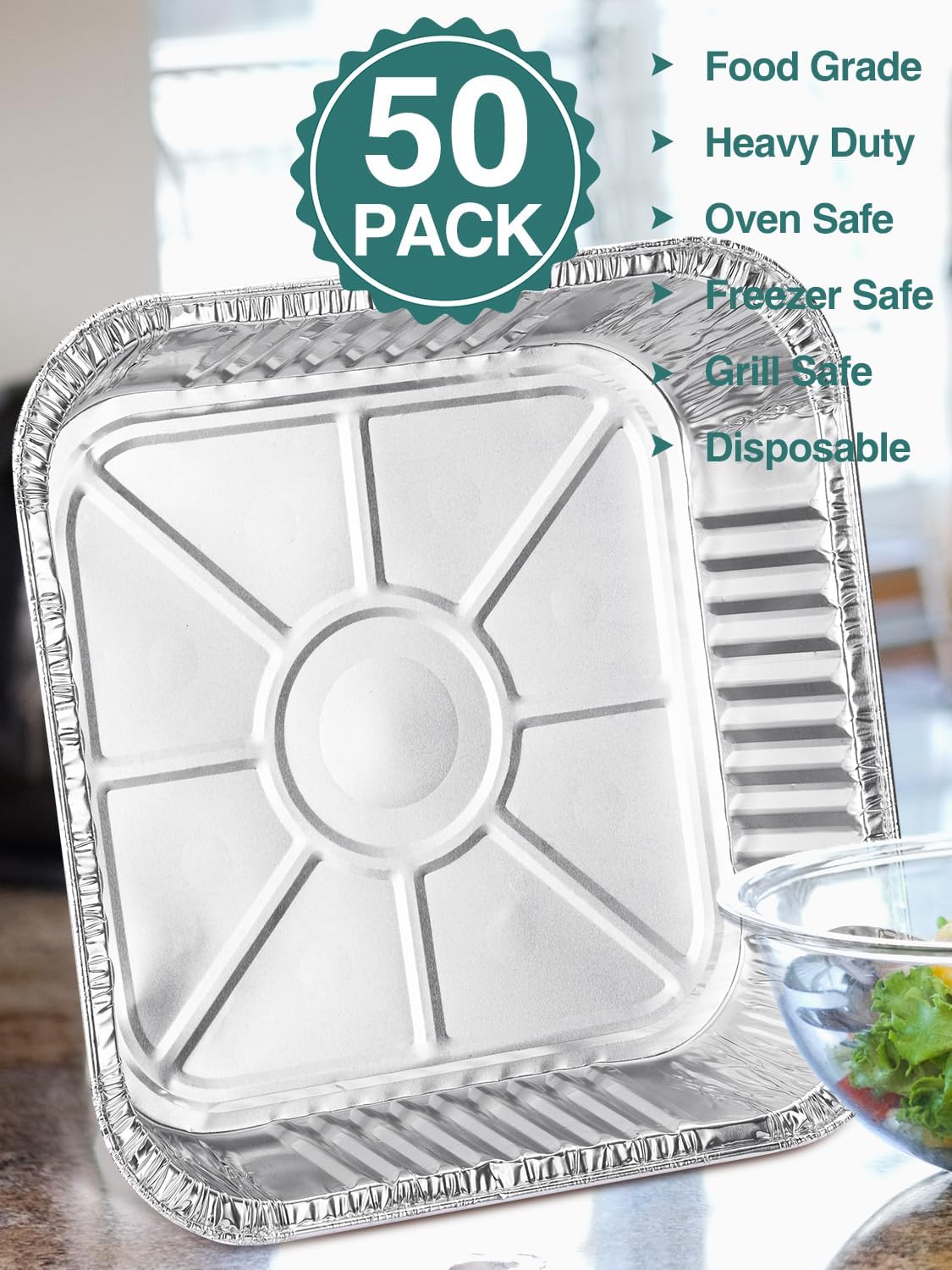 NEEBAKE 50 Pack 8x8 Aluminum Pans with Lids - Disposable Foil Baking Containers for Cakes & Bread