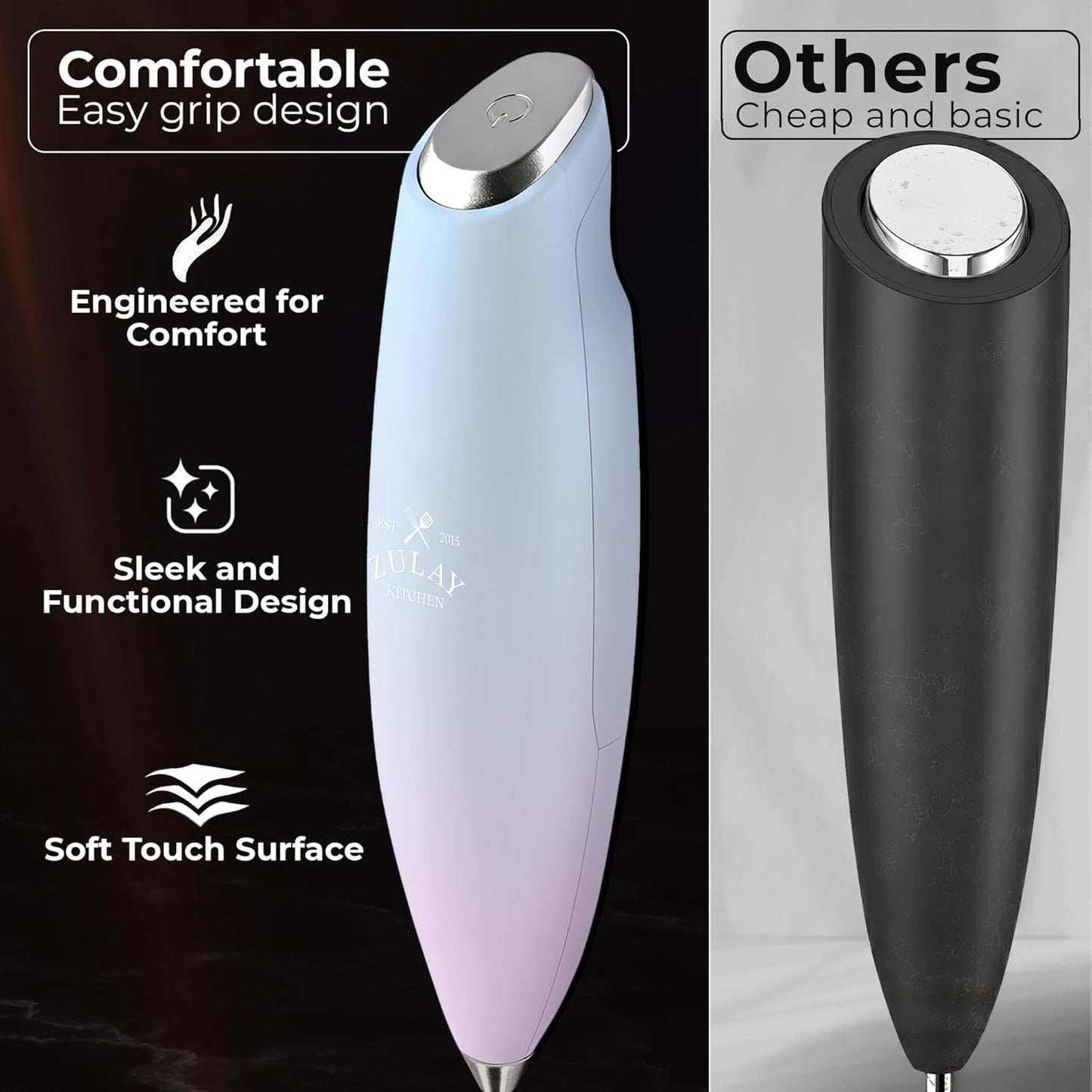 Zulay Kitchen Tornado Triple Whisk Milk Frother - Handheld Foam Maker for Coffee & Lattes - Includes 4 Duracell Batteries - Sky Cloud