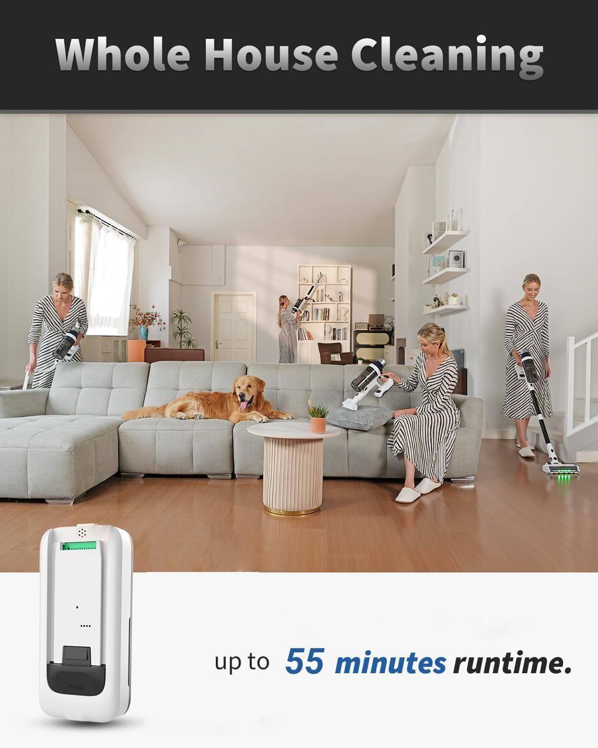 Skiennix Cordless Vacuum Cleaner - 15-in-1 Self-Standing Design with LED Light & Anti-Tangle | 55 Mins Runtime for Hard Floors & Carpets