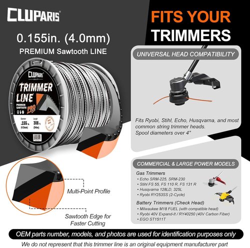 Cluparis Heavy Duty Trimmer Line - .155-Inch 3lb 308ft Sawtooth String for Echo, Husqvarna, Ryobi | Extra Durable Tri-Extrusion