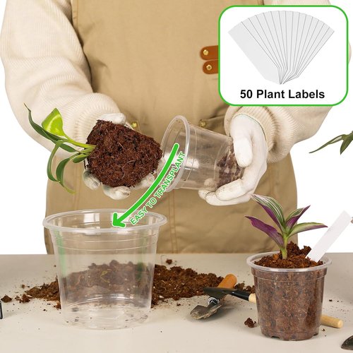 JNYONG Clear Nursery Pots - 60 Pack of 3.5 to 7 Inch Seed Starting Pots with Drainage Holes & Labels