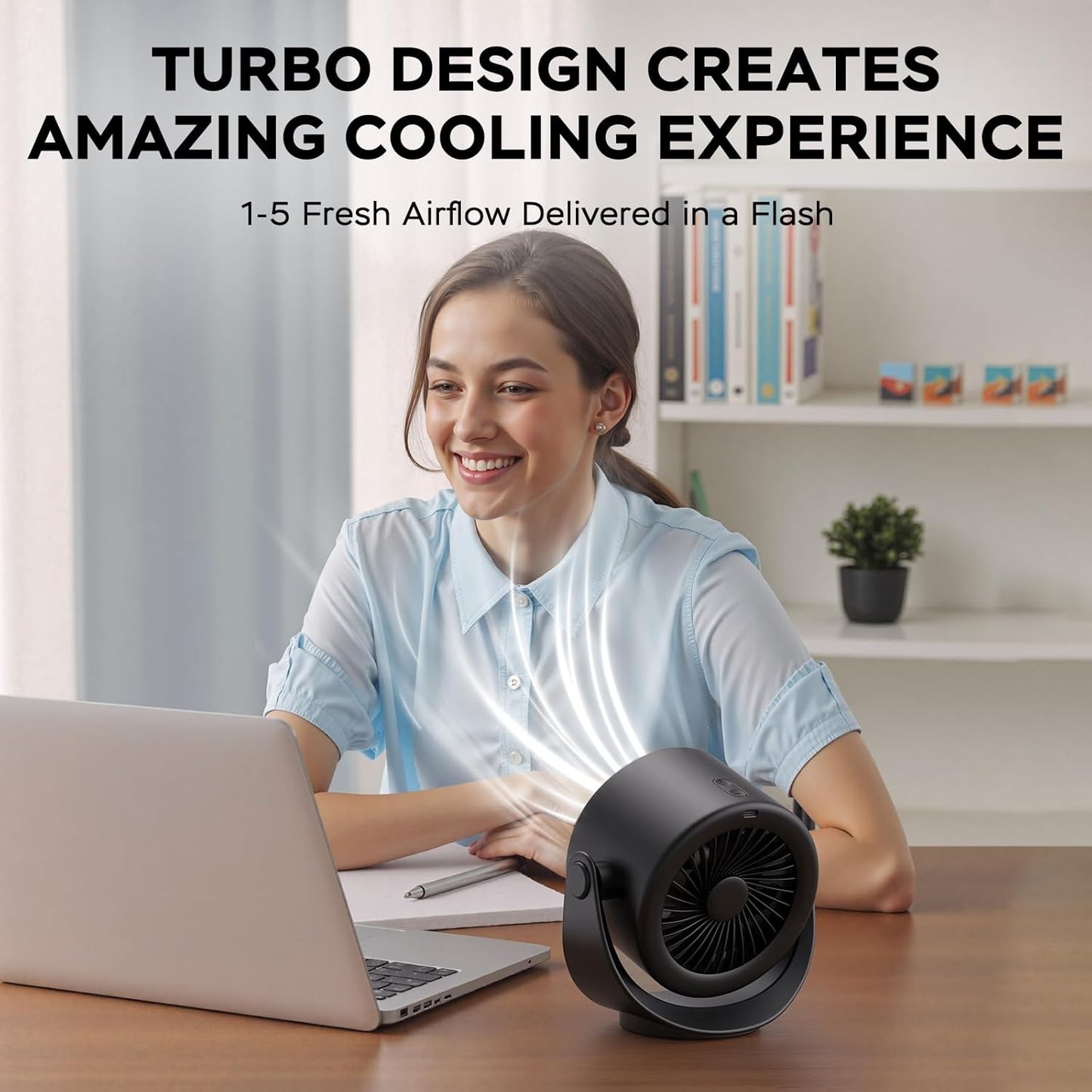 MORECORE Portable Desk Fan - Turbo Quiet with Strong Airflow, 360° Rotation, 5 Speeds, 4000mAh Battery, LED Display - Black