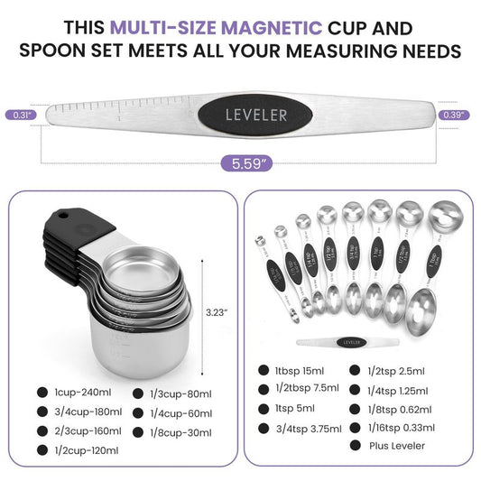 Magnetic Measuring Cups and Spoons Set-Heavy Duty 304 Stainless Steel，Double Measurement Markings，Set of 16 with Leveler for Measure Dry and Liquid Ingredients (Black)